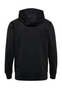 Zwarte hoodie gemaakt van een gladde, textuurstof. Kenmerkt zich door lange mouwen, een kangoeroezak en ribgebreide manchetten en onderrand.