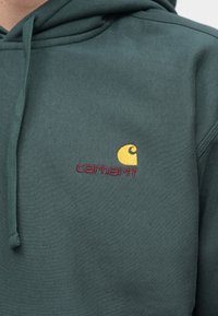 Sudadera con capucha verde hecha de tela suave con un bolsillo frontal tipo canguro. Presenta un logo en espiral amarillo y "carhartt" bordado en rojo.