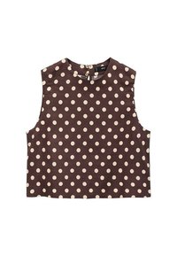Hnědý bezrukávový top s kulatým výstřihem a smetanovými puntíky. Lehce tkanina s texturovaným povrchem. Detail zapínání na knoflíky na zadní straně.