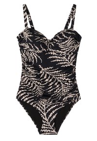 Maillot de bain une pièce noir avec un motif de pois crème, un design froncé et des bretelles réglables. Texture lisse avec une coupe modeste.