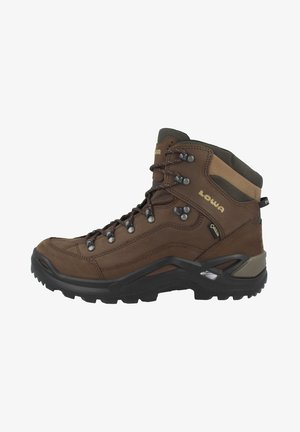 Brauner Wanderschuh aus Leder und Textilmaterialien, im mittelhohen Design, mit Metallösen, Gummisohle und geprägtem Logo.