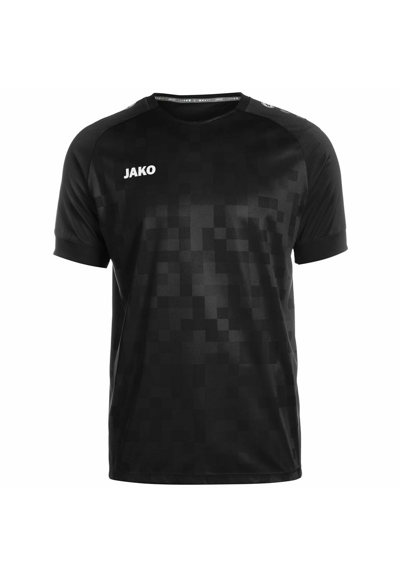 Zwart sportshirt gemaakt van lichtgewicht stof, met een gepixeld patroon, ronde halslijn, korte mouwen en een wit logo op de voorkant.