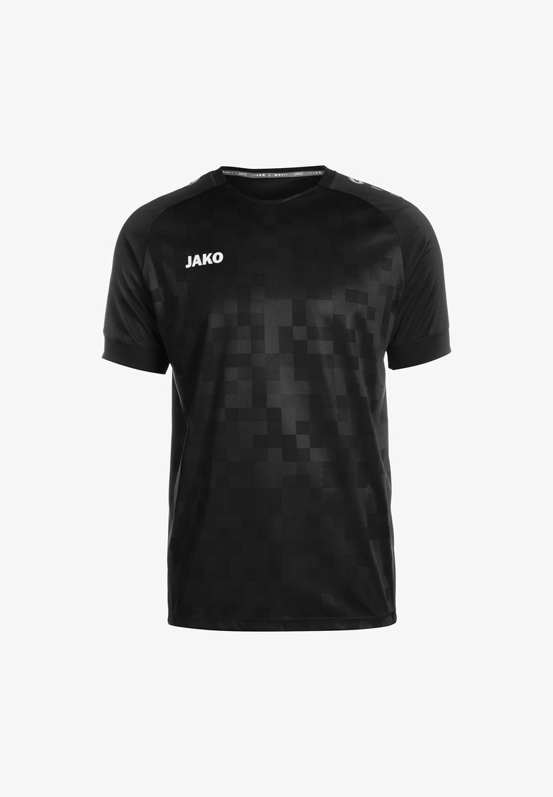 Schwarzes Sporttrikot aus leichtem Stoff, mit einem pixelierten Muster, rundem Halsausschnitt, kurzen Ärmeln und einem weißen Logo auf der Vorderseite.