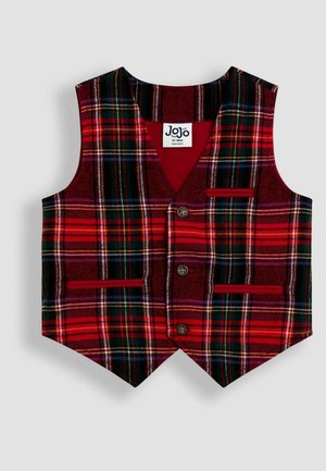 Red plaid vest made of wool blend, featuring a V-neck, five brown buttons, and two front pockets with red trim. Size label visible inside.