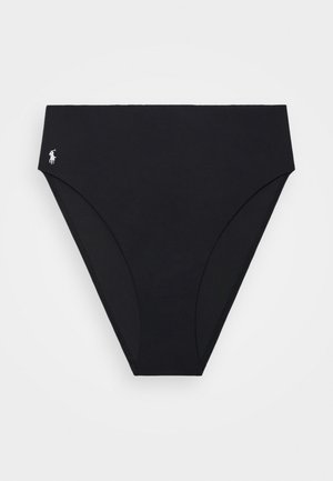 Bas de bikini noir en tissu extensible avec une texture lisse. Présente une taille haute et un petit logo brodé dans le coin.