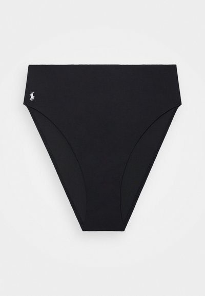 Črne bikini hlačke iz raztegljivega materiala z gladko teksturo. Imajo visok pas in majhen vezen logotip v kotu.