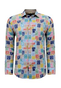 Overhemd met lange mouwen en knopen, voorzien van een levendig postzegelpatroon in meerdere kleuren, vervaardigd uit lichtgewicht stof met een kraag.