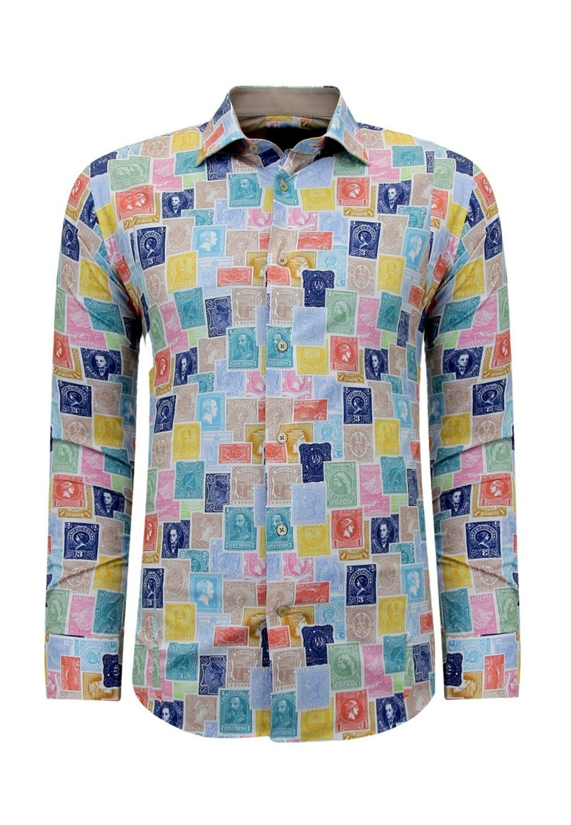 Overhemd met lange mouwen en knopen, voorzien van een levendig postzegelpatroon in meerdere kleuren, vervaardigd uit lichtgewicht stof met een kraag.