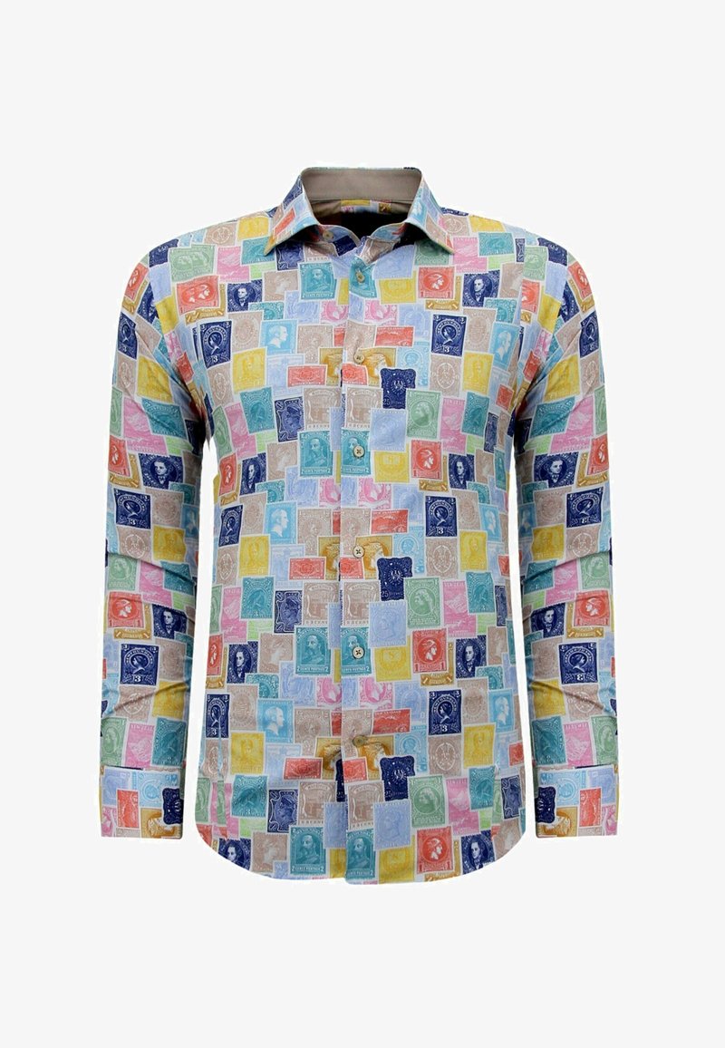 Overhemd met lange mouwen en knopen, voorzien van een levendig postzegelpatroon in meerdere kleuren, vervaardigd uit lichtgewicht stof met een kraag.
