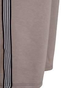 Pilkos sportinės šortai, pagaminti iš lygaus audinio, su juodai baltais vertikaliais dryžiais šonuose, patogiai priglundantys ir su apdaila prie kraštų.