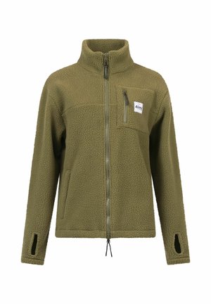 Olive green fleece jacket with a zip front, standing collar, and chest pocket. Features side pockets, thumbholes, and textured material.
