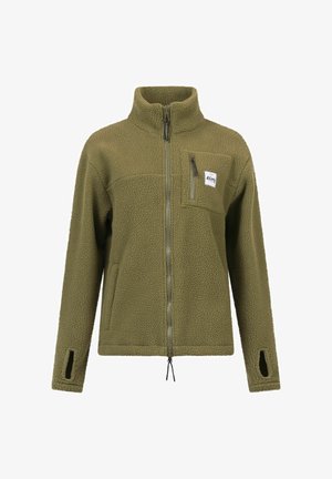 Olive green fleece jacket with a zip front, standing collar, and chest pocket. Features side pockets, thumbholes, and textured material.