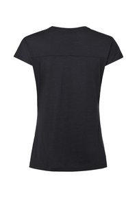 Maglietta nera da donna a maniche corte con una cucitura orizzontale nella parte superiore della schiena e una forma leggermente aderente.