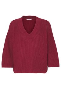 Pull couleur vin avec un col en V, coupe ample, texture côtelée, et manches trois-quarts. Fabriqué en matière tricotée douce.