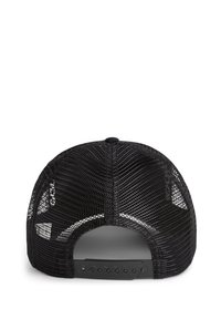 Black mesh trucker cap with a curved brim, adjustable snapback closure, and prominent ventilation. Features a smooth inner lining.