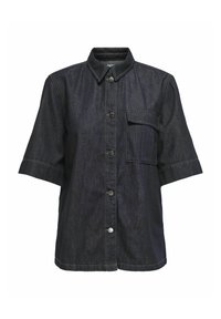 Chemise en denim bleu foncé à manches courtes avec boutons pression à l'avant, col à rabat et une poche à rabat unique sur la poitrine gauche.