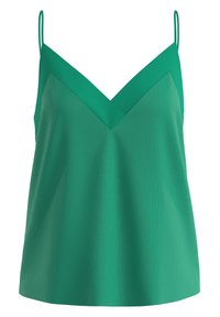 Grünes ärmelloses, geripptes Camisole mit dünnen Schulterriemen und V-Ausschnitt.