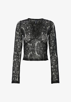 Must mustriba pikkade varrukatega lühike topp, millel on lillemuster, ümmargune kaelus ja õhuline tekstuur delikaatsete ääristega.