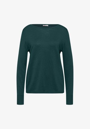 Donkergroen, lange mouw trui gemaakt van zachte gebreide stof. Beschikt over een ronde halslijn en ribgebreide manchetten en zoom. Eenvoudige, ontspannen pasvorm.