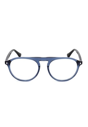 Montature rotonde per occhiali da vista di colore blu e nero con ponte a chiave e lenti trasparenti, mostrate su uno sfondo bianco.