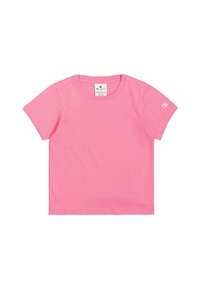 Camiseta de manga corta rosa, hecha de algodón suave. Presenta un escote redondo y un pequeño logo en la manga izquierda. Textura suave.