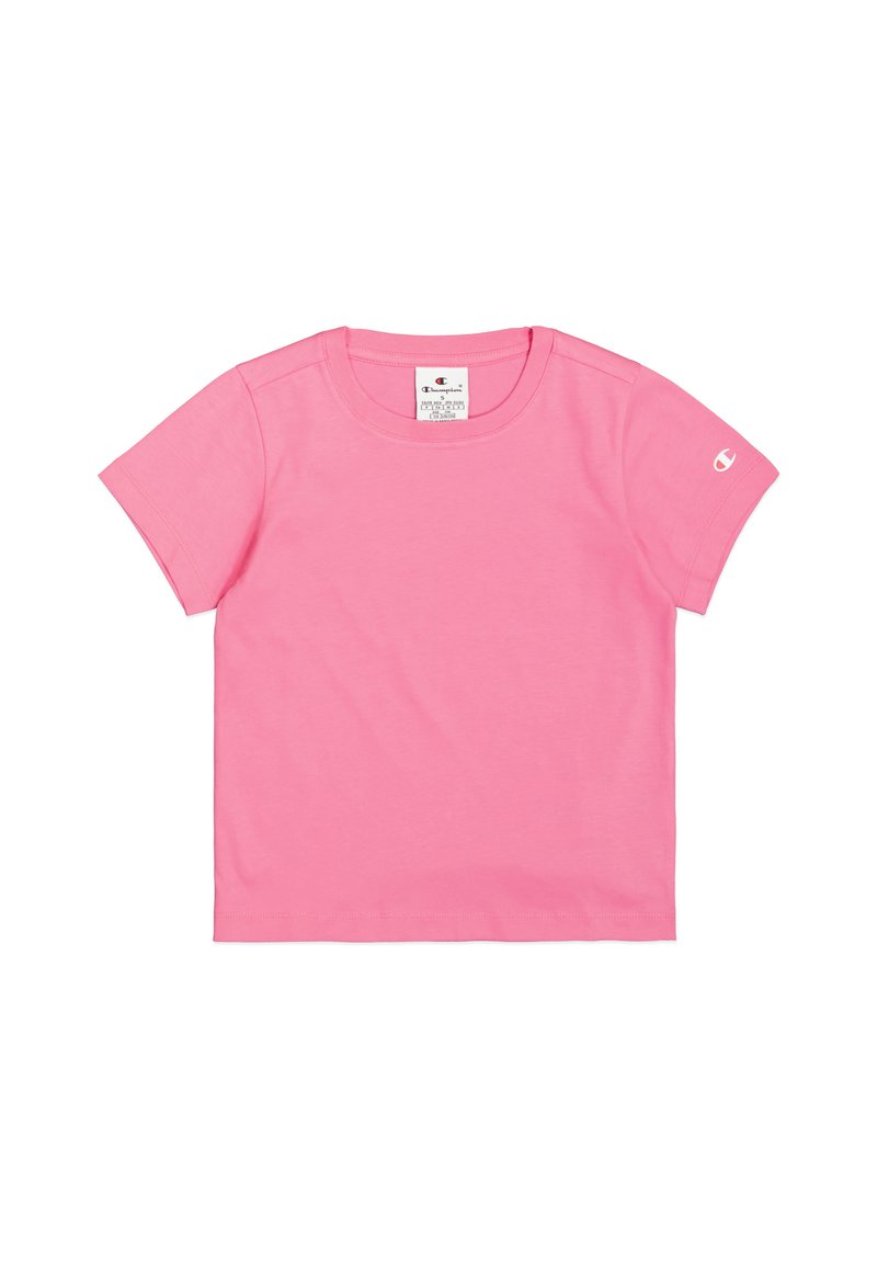 Camiseta de manga corta rosa, hecha de algodón suave. Presenta un escote redondo y un pequeño logo en la manga izquierda. Textura suave.