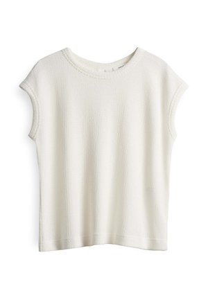 Short-sleeve, white knit top with a textured pattern, round neckline, and loose fit. Straight hem with minimal stitching detail.