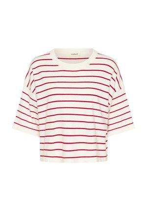 Hvid kortærmet t-shirt med horisontale røde striber, korte ærmer og rund halsudskæring. Lavet af blødt, letvægtigt stof.