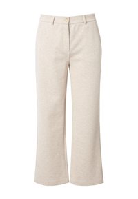 Beige široké kalhoty vyrobené z měkké tkaniny s hladkou strukturou, se zapínáním na předním knoflíku a dvěma bočními kapsami.
