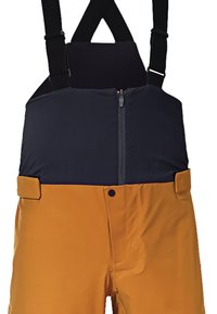 Waterdichte skibroek met verstelbare zwarte bretels. Bovenste sectie is marineblauw, onderste sectie is oranje, met een rits aan de voorkant en zakken.