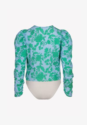 Strak zittend body met lange mouwen, lichtblauwe basis en groene bloemenprint, met opgezwollen schouders en geplooide mouwen.