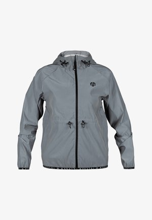 Jachetă ușoară gri, dintr-un material uniform, cu fermoar frontal, glugă ajustabilă și tiv elastic cu branding.