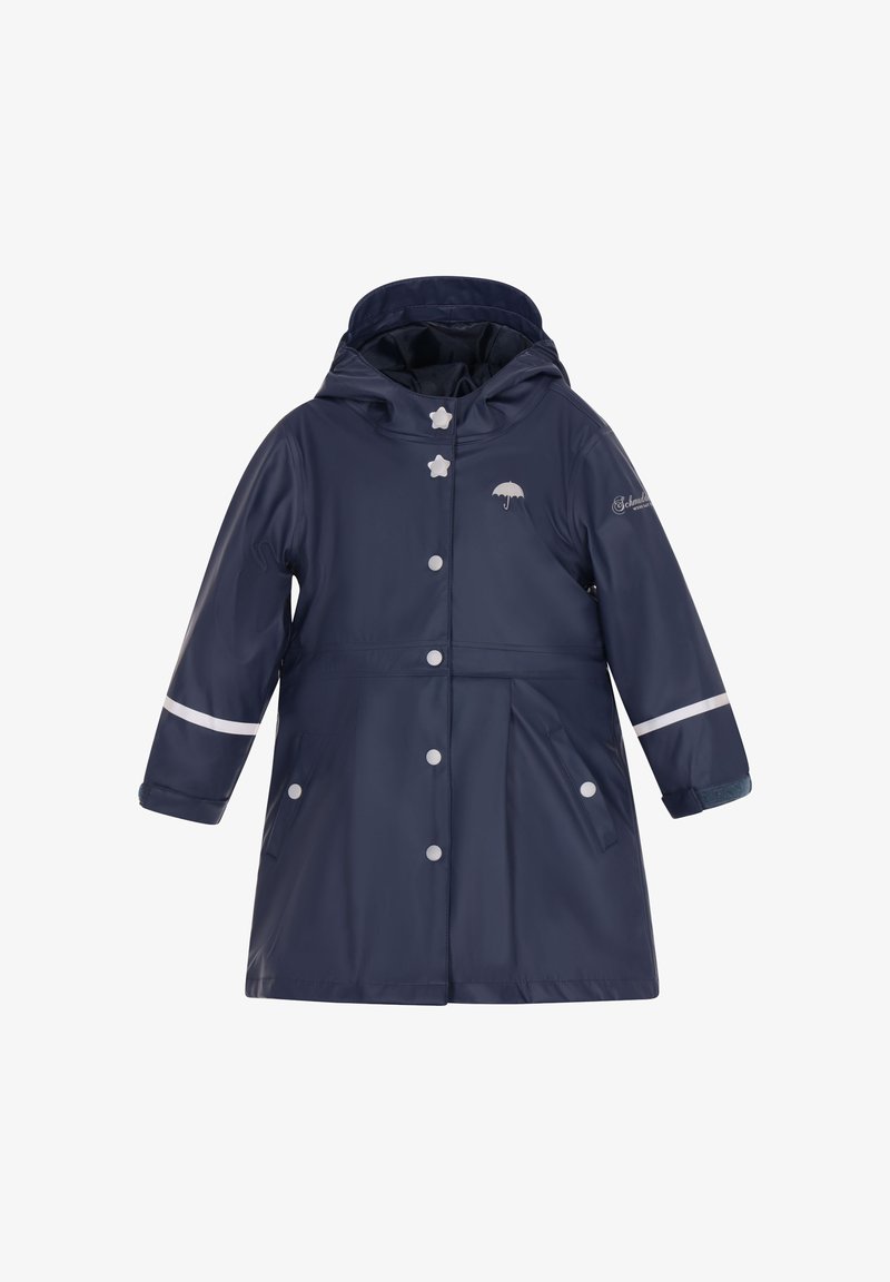 Námornícky nepremokavý dáždnik s kapucňou, bielymi akcentmi, gombíkmi v tvare hviezd a grafickým motívom dáždnika. Obsahuje dve bočné vrecká a priliehavý strih.