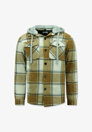 Bruin en crème geruit flanellen overhemd met een grijze capuchon, voorzien van twee borstzakken, knoopsluiting aan de voorkant en zwarte knopen. Zachte textuur.