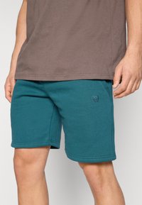 Calções de algodão verde-água com um logótipo bordado no lado esquerdo, apresentando um corte standard e bordas dobradas. Acompanhados por uma t-shirt castanha.
