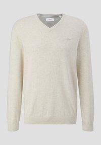 Beige V-Ausschnitt-Pullover aus weichem Material, mit langen Ärmeln, gerippten Bündchen und Saum sowie dezentem Logo-Detail auf der Brust.