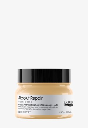 Słoik maski do włosów Absolut Repair z czarną pokrywką, oznaczony do natychmiastowej regeneracji suchych, uszkodzonych włosów, 250 ml, L’Oréal Professionnel Paris.