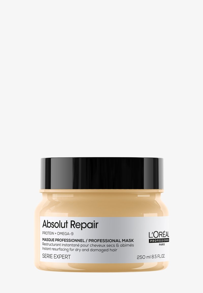 Absolut Repair haarmasker pot met zwarte deksel, bestemd voor directe reparatie van droog, beschadigd haar, 250 ml, L’Oréal Professionnel Paris.
