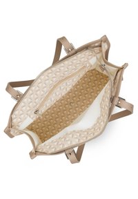 Sac à main beige avec un intérieur à motif géométrique, fermeture zippée et doubles poignées. Dispose d'une petite poche zippée à l'intérieur pour s'organiser.