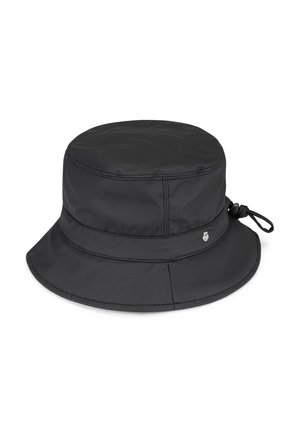 Schwarzer Bucket Hat aus wasserabweisendem Stoff, mit breiter Krempe, strukturiertem Finish und einem dekorativen Logopunkt auf der Seite.