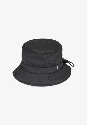Black bucket hat made of water-resistant fabric, featuring a wide brim, a textured finish, and a decorative logo accent on the side.