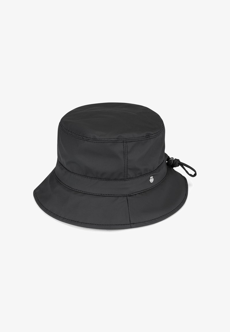 Schwarzer Bucket Hat aus wasserabweisendem Stoff, mit breiter Krempe, strukturiertem Finish und einem dekorativen Logopunkt auf der Seite.