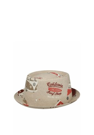 Beige fedora hat with red and brown vintage vans and "California Long Board Surf Shop Malibu Beach" text print.