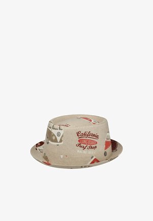 Beige fedora hat with red and brown vintage vans and "California Long Board Surf Shop Malibu Beach" text print.