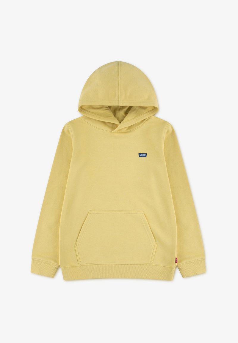 Sweat à capuche jaune avec une poche kangourou à l'avant, des poignets côtelés et un ourlet inférieur. Présente un petit logo Levi's bleu sur la poitrine.