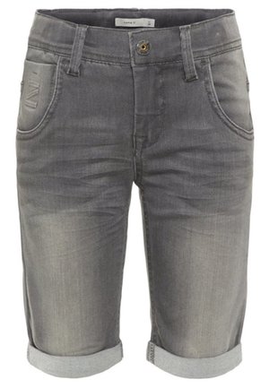 Szare szorty dżinsowe z podwiniętymi nogawkami, z przodu zapinane na guziki i suwak, z szlufkami na pasek oraz kieszeniami z przodu i z tyłu.