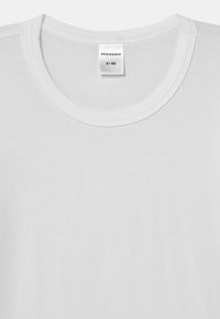 White cotton T-shirt featuring a rounded neckline and a tag with "SCHIESSER" brand details. Smooth texture with a simple design.