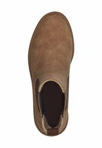 Stivaletto in pelle marrone con texture liscia, punta arrotondata, pannelli laterali elastici e un tassello sul retro per una facile calzata.