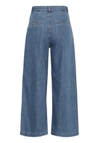 Modré džíny širokých nohavic s vysokým pasem a dvěma zadními klopovými kapsami, zobrazené zezadu na bílém pozadí.