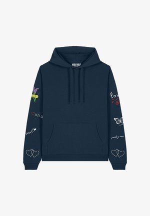 Mornarsko modra kapuca, izdelana iz mehkega bombaža, z sprednjim žepom, kapuco na vrvico in živahnimi grafičnimi oblikami na rokavih.